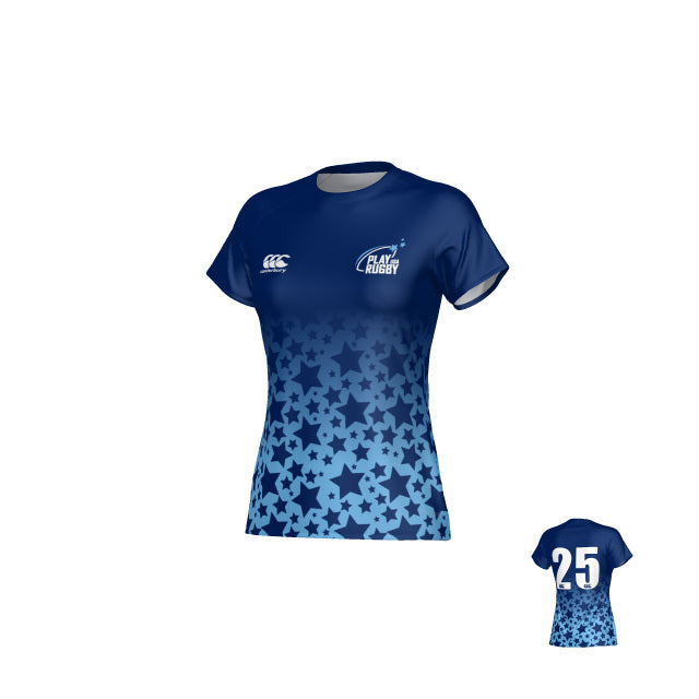 The Play Rugby USA Canterbury Performance Tee - Womens by Teamatical is a blue athletic shirt featuring a star pattern that fades from dark to light blue. It showcases the “Play Rugby” logo on the front and displays the number 25 on the back. Inspired by the Canterbury Legacy Performance Tee, this women’s rugby shirt is perfect for displaying your Play Rugby USA pride both on and off the field.