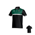 The Teamatical Birmingham Vulcans Canterbury Legacy Performance Polo features short sleeves, a black body, green top panel, white horizontal stripe, a crest logo on the left chest, and a solid black back.