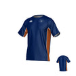 The Teamatical New Saint Andrews College Canterbury Kirra Performance Tee is a blue and orange short-sleeve athletic shirt featuring white logos on the chest and contrasting orange side panels, displayed from both front and back views against a plain white background.