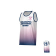 The Philadelphia Whitemarsh Canterbury Performance Singlet by Teamatical is a sleeveless white top with blue collar, gradient pink dots, "PHILADELPHIA WHITEMARSH SEVENS" on the front, and number 25 on the back.
