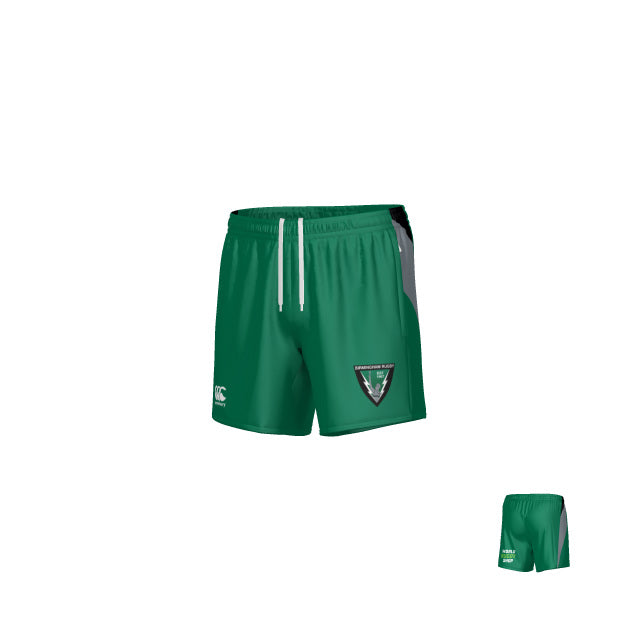 The Teamatical Birmingham Vulcans Canterbury Hunter Zip Pocketed Gym Shorts feature a green design with a white drawstring, gray side panels, and the sports team logo on the right leg. Designed with zipper pockets for convenience and made from super stretch fabric, these shorts are ideal for training sessions. Shown in two different sizes against a white background.