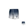 The Teamatical Franklin County High School Canterbury Yokohama Match Short - Mens features white fabric, a navy blue gradient top, elastic waistband with drawstring, and a shield-shaped logo on one leg.