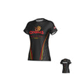 The Raleigh Cobras Canterbury Performance Tee - Womens by Teamatical is a black short-sleeve rugby jersey designed as a moisture-wicking training top. It features “Cobras Raleigh Rugby” and a cobra logo on the front, while the back displays customizable “Player Name” text. This athletic shirt combines style and comfort, making it ideal for women both on and off the field.