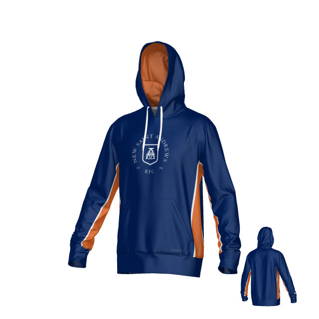 New Saint Andrews College Canterbury Kirra Performance Hoody by Teamatical, featuring a blue design with orange side panels and inner hood, white drawstrings, and a white circular logo on the chest. The back view is displayed to the right.