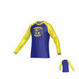 Teamatical Winchester Cannons Sydney Performance Tee - LS, a long-sleeve athletic shirt with yellow sleeves, blue torso, and a "Winchester Cannons" crest on the front.