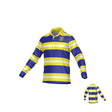 Teamatical Winchester Cannons Signature Pique Polo LS features blue, yellow, and white horizontal stripes, a classic collar, and a small crest on the chest. The bottom right corner displays the back view of the shirt.