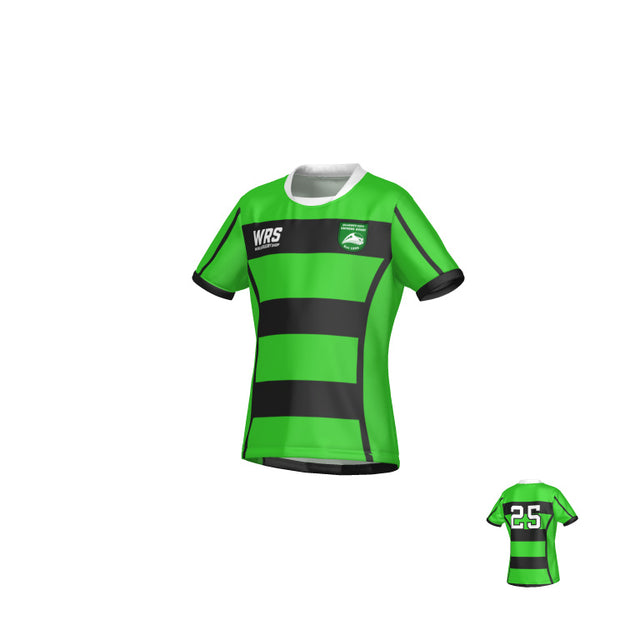 Ellicott City Express WRS Youth Pro Jersey in green and black horizontal stripes with a white collar, WRS logo on the chest, and the number 25 on the back.