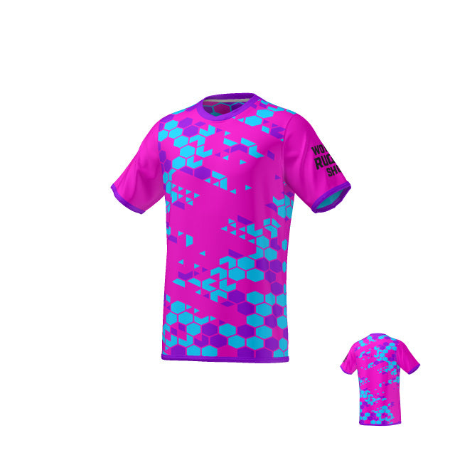 The Teamatical World Rugby Shop Referee Reversible Jersey in pink and blue features a geometric pattern and black text on the sleeve, with both front and back views shown.
