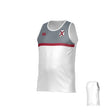 Teamatical University of Alabama Rugby Legacy Performance Singlet—white with gray upper, red chest stripe, left-chest logo, small red logo on right; back view inset included.