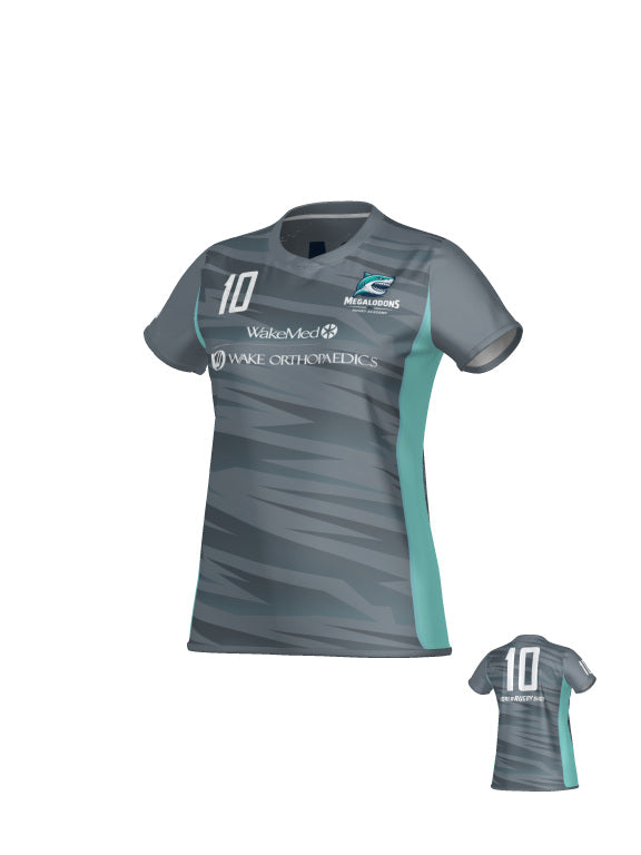 Gray and teal NCRA Megalodon Player Bundle - Womens short-sleeve rugby jersey featuring the number 10, a shark logo, and sponsor text on the front and back.