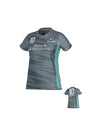 Gray and teal NCRA Megalodon Player Bundle - Womens short-sleeve rugby jersey featuring the number 10, a shark logo, and sponsor text on the front and back.