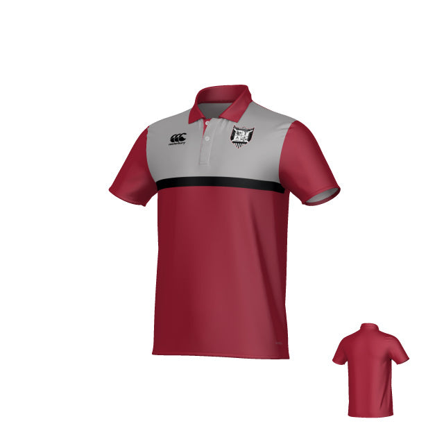 Troy University Canterbury Legacy Performance Polo by Teamatical: This short-sleeve polo features red and gray color blocking with a bold black stripe across the chest, the Troy University team logo on the left chest, and the Teamatical manufacturer’s logo on the right. A back view is displayed in the corner.