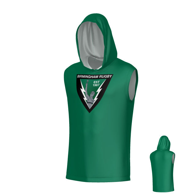 Elevate your game with the Teamatical Birmingham Vulcans DNA Phoenix Sleeveless Hooded Tee, featuring a bold front logo with a player, two lightning bolts, and a shield alongside the “Birmingham Rugby Est 1967” emblem. Designed for maximum comfort and superior moisture management, this green hooded top offers UPF 50 sun protection for outdoor activities. The display includes both front and back views.