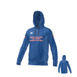 Teamatical MENS ECO-SUBLIMATE HOODIE in blue featuring "United States Air Force Women's Rugby" text on the front, small chest logos, flag sleeve patches, and a back view shown inset.