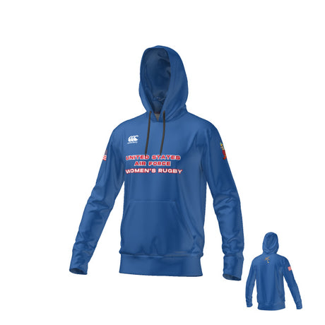 Teamatical MENS ECO-SUBLIMATE HOODIE in blue featuring "United States Air Force Women's Rugby" text on the front, small chest logos, flag sleeve patches, and a back view shown inset.