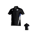 Front and back view of a black South Orange County Raptors Canterbury Hunter Performance Polo with a white bird crest, chest logo, and blue and white side accents.
