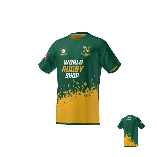 Midwest Referees Oxford Reversible Jersey by Teamatical features green and yellow design, "World Rugby Shop" text front, crest on left chest, abstract yellow paint on lower half; back view shown in smaller size.