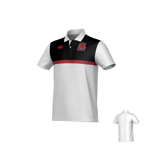 The Teamatical Archbishop Spalding Canterbury Legacy Performance Polo features a white short-sleeve design with a black upper section, a red stripe, red chest logos, and a plain white back.