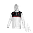 The Teamatical Archbishop Spalding Canterbury Legacy Performance Hoodie features a white body, black upper panel, red chest stripe, logo on the left chest, front pocket, and includes a smaller image showing the back view.