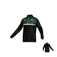 The Teamatical Birmingham Steel Rugby Canterbury Legacy Midlayer 1/4 Zip is a black and green long-sleeve pullover with a white chest stripe, team logo on the left chest, white brand logo on the right, and solid black back.