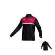 The Ohio State University Alumni Canterbury Legacy Midlayer 1/4 Zip by Teamatical is a long-sleeve pullover with a black body and sleeves, red chest panel, dual chest logos, and features its back view in a small inset.