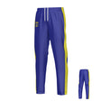 Teamatical Winchester Cannons Denver Woven Pants in royal blue feature yellow side stripes, a white drawstring, and a small logo on the left thigh. The rear view inset highlights the consistent color scheme and stripe design across the back.