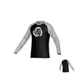 The Missoula All-Maggots Sydney LS Performance Tee by Teamatical features long gray sleeves and a black torso, with a white spiral shell design on the front. The back is plain black.
