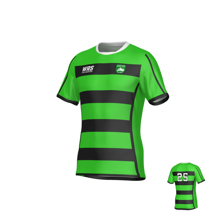 Ellicott City Express WRS Adult Pro Jersey featuring green and black horizontal stripes, a white collar, team logos on the chest, and the number 25 on the back.