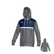 The Teamatical Georgetown University RFC Canterbury Legacy Performance Hoodie features a gray and navy design with white drawstrings, front pocket, chest stripe, and logos on the front and shoulder. Back view shown in smaller image.