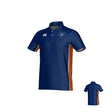 New Saint Andrews College Canterbury Kirra Performance Polo by Teamatical: This short-sleeve polo features blue and brown color blocking, a classic collar, a white logo on the chest, and the school crest on the front. The back view highlights brown side panels.