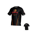 The Teamatical Raleigh Cobras Canterbury Eco-Sublimate Tee features a black design with red and gold accents, highlighted by the snake logo and team text on the front. Crafted from breathable, sustainable material using eco-sublimation, this rugby jersey includes a customizable name placeholder on the back.
