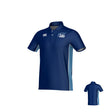 The Play Rugby USA Canterbury Kirra Performance Polo by Teamatical features a blue short-sleeve design with light blue side panels, white logos on the chest, and a collar. Crafted as a performance polo, it offers style and comfort for both on and off the field. Front and back views are shown.
