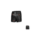 The WRS MENS PRO SHORT - SPIDERWEBS by Teamatical, featuring black swim trunks with white spiderweb patterns and red spiders, is displayed in two sizes against a plain white background.