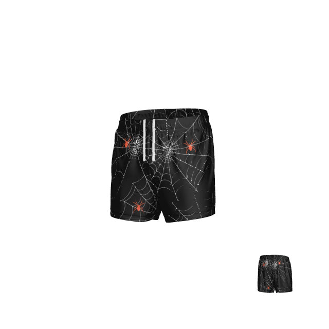 The WRS MENS PRO SHORT - SPIDERWEBS by Teamatical, featuring black swim trunks with white spiderweb patterns and red spiders, is displayed in two sizes against a plain white background.
