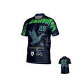The Teamatical Mystical Geese Canterbury Raiona Regular Jersey is a navy blue rugby jersey with green accents, showcasing a stylized goose, the number 25, "Mystical Geese," and Vancouver Golden Globes 2027 text on the front; features a "FLATFEATHER" nameplate on the back.