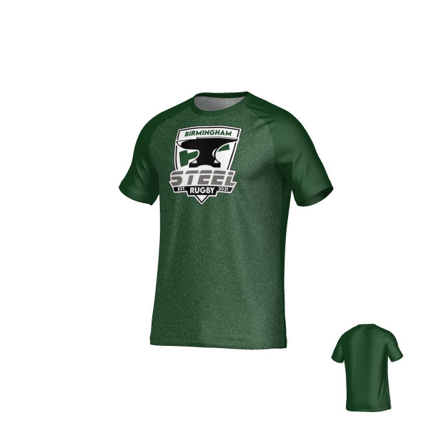 Teamatical Birmingham Steel DNA Crew Performance Tee: green short-sleeve, moisture-wicking, "Birmingham Steel Rugby" logo on front, plain back. Shown from front and back angles.
