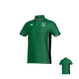 The New Saint Andrews College Jericho Canterbury Kirra Performance Polo by Teamatical is a green, short-sleeved polo featuring black side panels, a chest logo, and white branding on the front. The images display both the front and back views of the shirt.