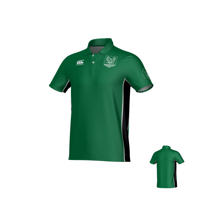 The New Saint Andrews College Jericho Canterbury Kirra Performance Polo by Teamatical is a green, short-sleeved polo featuring black side panels, a chest logo, and white branding on the front. The images display both the front and back views of the shirt.