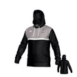 The Teamatical St. Augustine High School CANTERBURY ECO-SUBLIMATE HOODIE for men features black and gray colors, a hood, front pocket, white chest stripe, small embroidered logo on the left chest, and a visible back view.