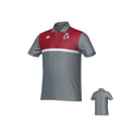 The Teamatical University of Alabama Rugby Canterbury Legacy Performance Polo features short sleeves, a gray body, maroon upper chest and shoulders, a white horizontal stripe, and a small left chest logo. Inset shows the back view.