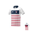 The Teamatical American University Canterbury Raglan Kaha Regular Jersey for men features a white base, red horizontal stripes, navy collar and shoulders, team crest on the left chest, and red number 25 on the back.