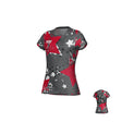The Teamatical WRS WOMENS PRO JERSEY - PUNK STAR is a women's short-sleeve athletic shirt with a red, gray, and white abstract star design and "WRS" text on the upper left chest. Front and back views are shown.