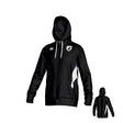 Front and back view of the South Orange County Raptors Canterbury Hunter Performance Hoody, a black sweatshirt with a kangaroo pocket, white drawstrings, and blue and white side accents.