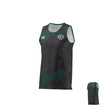 The WOODLANDS YOUTH RUGBY CANTERBURY ECO-SUBLIMATE SINGLET by Teamatical features a black and green design with a geometric pattern, team logo on the left chest, and a white brand logo on the right chest.