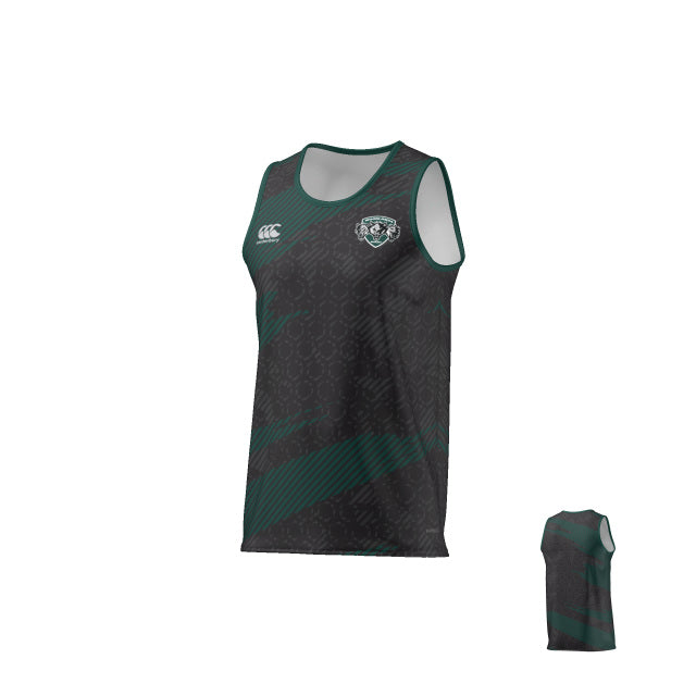 The WOODLANDS YOUTH RUGBY CANTERBURY ECO-SUBLIMATE SINGLET by Teamatical features a black and green design with a geometric pattern, team logo on the left chest, and a white brand logo on the right chest.