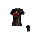 The Raleigh Cobras Canterbury Eco-Sublimate Tee - Womens by Teamatical is an eco-conscious rugby jersey crafted from sustainable materials, showcasing a striking red and gold logo, floral side patterns, sponsor logos, and “PlayerName” on the back—a perfect sublimated tee for dedicated fans.