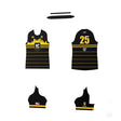 The Teamatical WOMENS MAKA JERSEY REGULAR features black and yellow horizontal stripes, a city skyline design, number 25 on the back, and branded logos on both front and back.