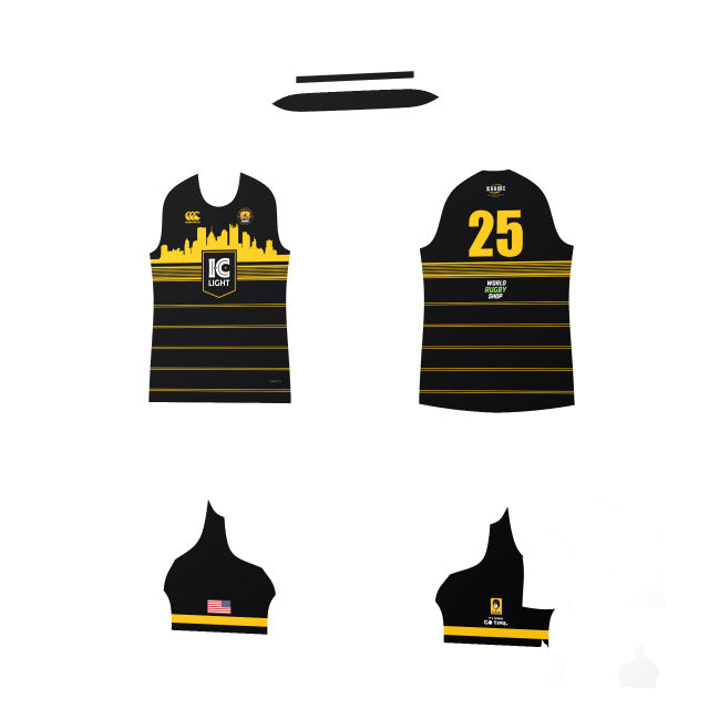 The Teamatical WOMENS MAKA JERSEY REGULAR features black and yellow horizontal stripes, a city skyline design, number 25 on the back, and branded logos on both front and back.