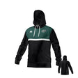 The Teamatical Woodlands Rugby Canterbury Performance Hoody features black and dark green colors with white accents, a front logo, hood, and kangaroo pocket, displayed from both front and back views.