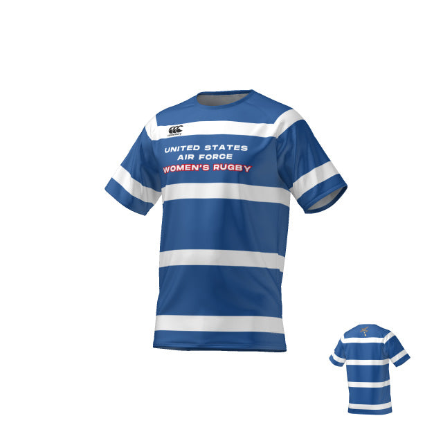 Teamatical MENS ECO-SUBLIMATE SS RAGLAN TEE in blue and white stripes features "UNITED STATES AIR FORCE WOMEN'S RUGBY" on the front, a small chest logo, and shows both front and back views.